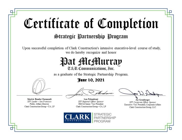 Pat McMurray Clark Construction Strategic Partnership Program Certificate of Completion 7.13.21